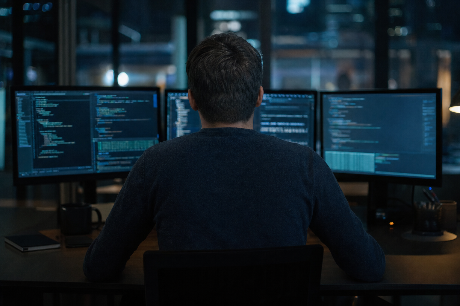 Un analyste d'AOCSI au travail devant ses écrans de code, la nuit